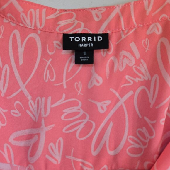 76-3 Torrid Pink Peach Heart Harper ¾ sleeve blouse top Size 1 (14/16) - Picture 8 of 10